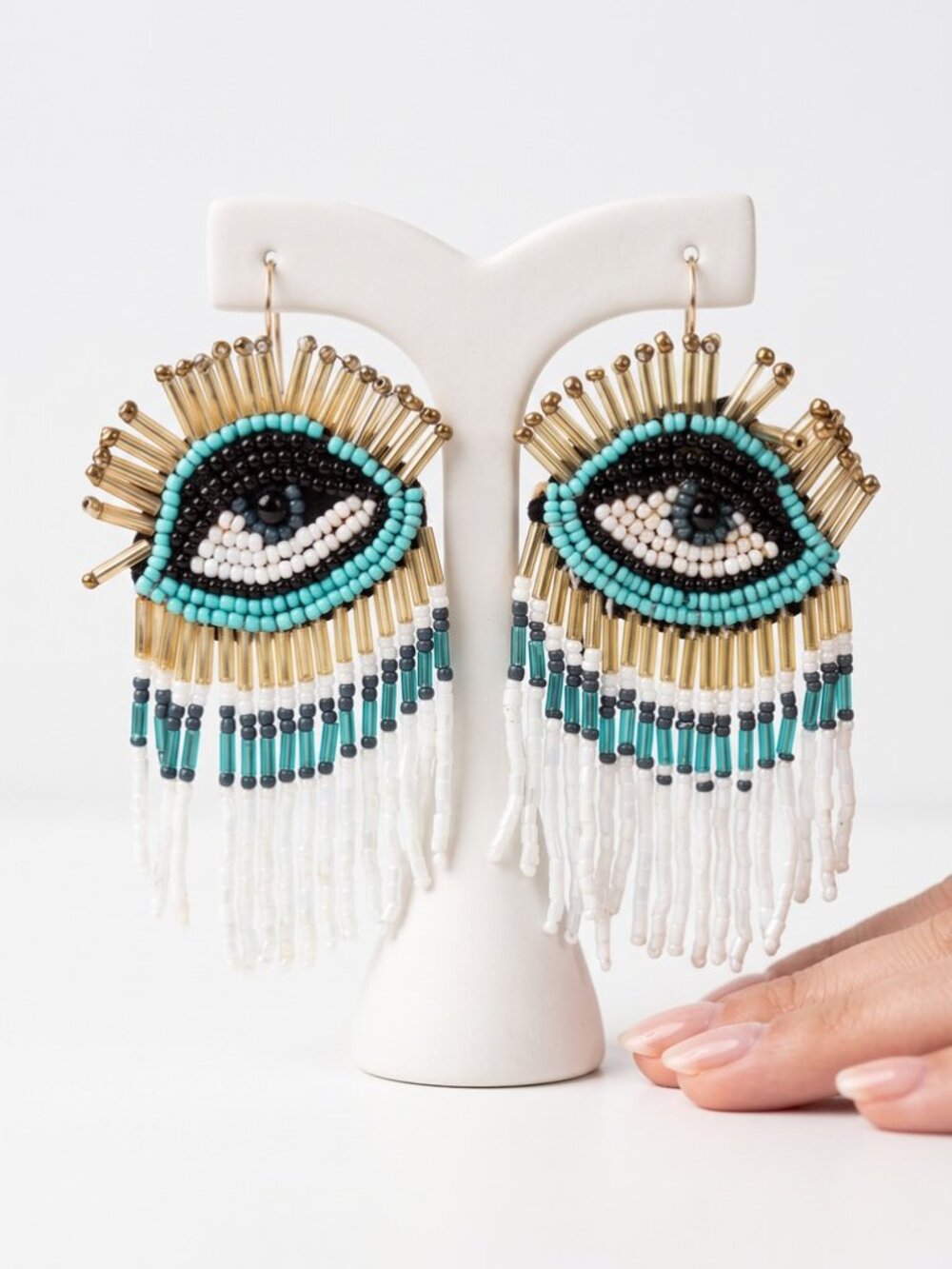 Evil Eye Beaded Earrings with Beaded Fringe Green and Gold